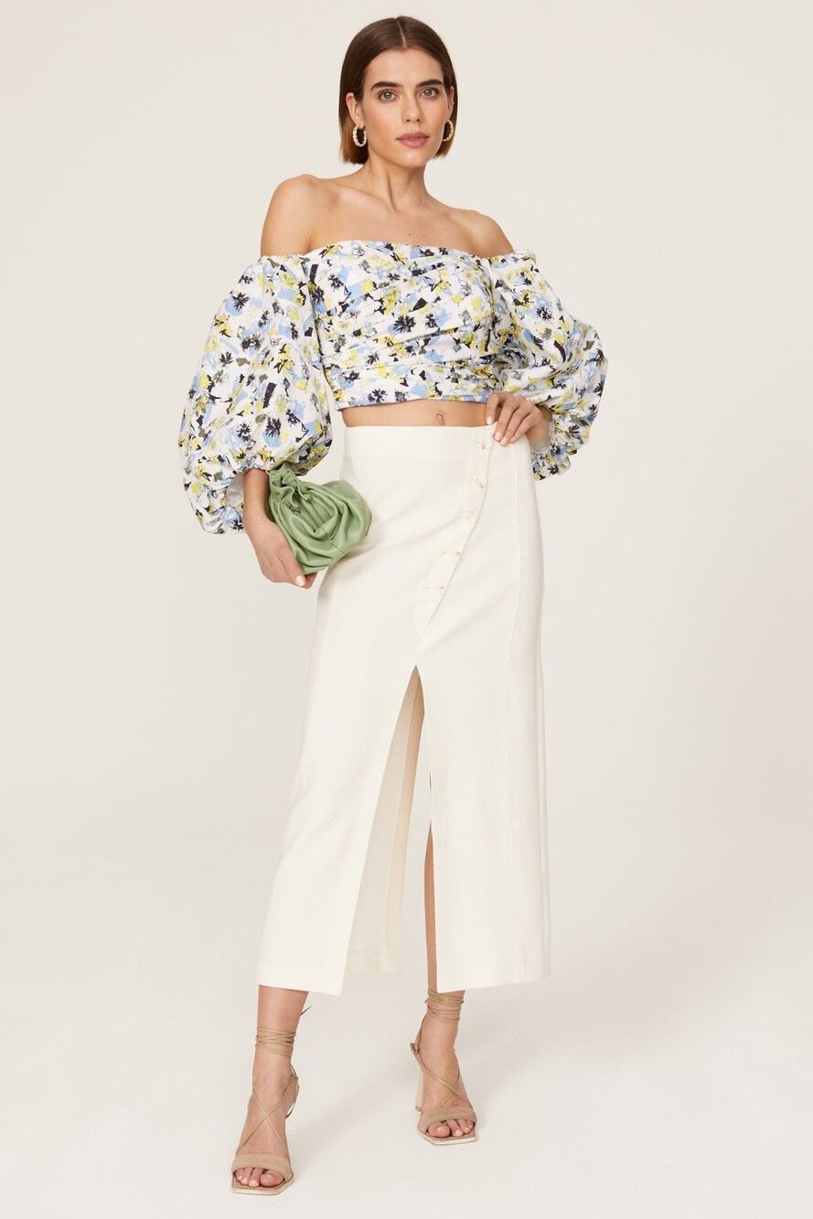 TANYA TAYLOR Blue Floral Cotton Off Shoulder Puff Sleeves Alondra Top Size 2